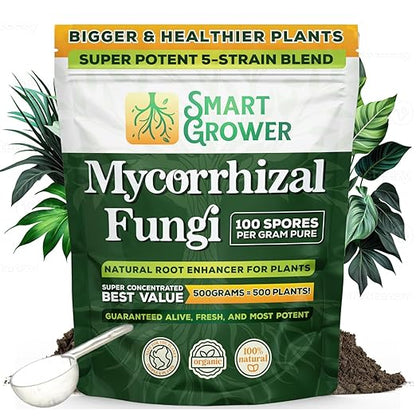 Mycorrhizal Fungi Organic Root Enhancer for Plants, Super Potent 100 Spores Per Gram, 5-Strain Blend, Rapid Results for Gardens, Houseplants, Lawns, Mycorrhizae Smart Grower 500 Grams for 500 Plants