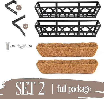 2 Pack 36IN Window Box Railing with Adjustable Brackets, Hanging Flower Planter Basket with Coco Liner for Outdoor Balcony Porch Fence Patio (Black)