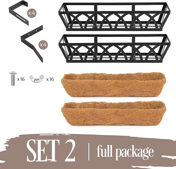 2 Pack 32IN Window Box Railing with Adjustable Brackets, Hanging Flower Planter Basket with Coco Liner for Outdoor Balcony Porch Fence Patio (Black)