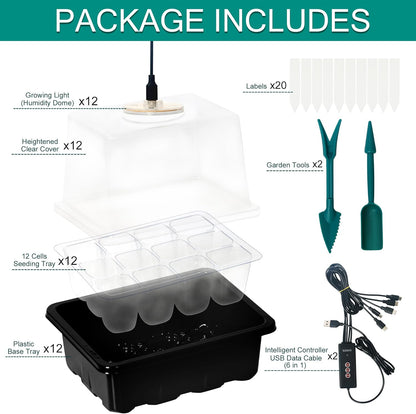 12-Set Seed Starter Tray with Grow Light, Seed Starting Trays Kits with Timing Controller Adjustable Humidity Domes Heightened Lids(12-Cells Per Tray)