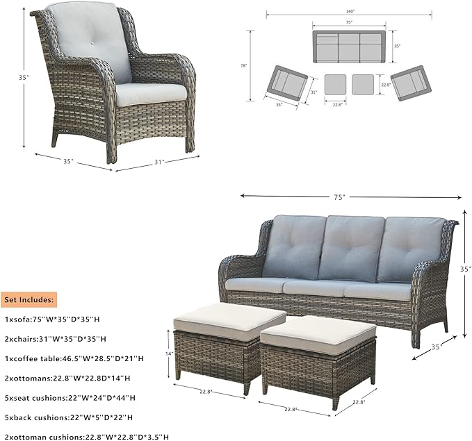 Outdoor Patio Wicker Furniture Set - 6 Piece Rattan Patio Conversation Sectional Sofa Set with 1 Couch,2 Armchairs,2 Ottomans and 1 Glass Top Coffee Table for Porch Deck Garden(Mixed Grey/Grey)