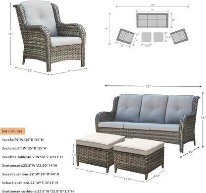 Outdoor Patio Wicker Furniture Set - 6 Piece Rattan Patio Conversation Sectional Sofa Set with 1 Couch,2 Armchairs,2 Ottomans and 1 Glass Top Coffee Table for Porch Deck Garden(Mixed Grey/Grey)
