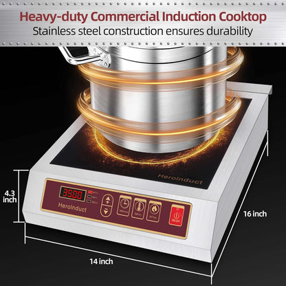 Induction Cooktop 208-240V 3500W Commercial Range Induction Burner Dual IGBT Modules 8 Heating Level Sensor Push-Button Premium Stainless Steel Housing Crystal Glass Electric Cooktop（Red）