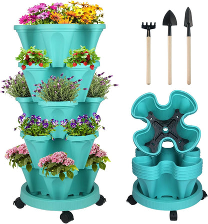 DUNCHATY Stackable Planter, Vertical Garden Planter with Wheels and Tools, Self Watering Strawberry Planter Indoor/Outdoor 5 Tier Herb Planter Pots for Growing Vegetables and Succulents, Teal