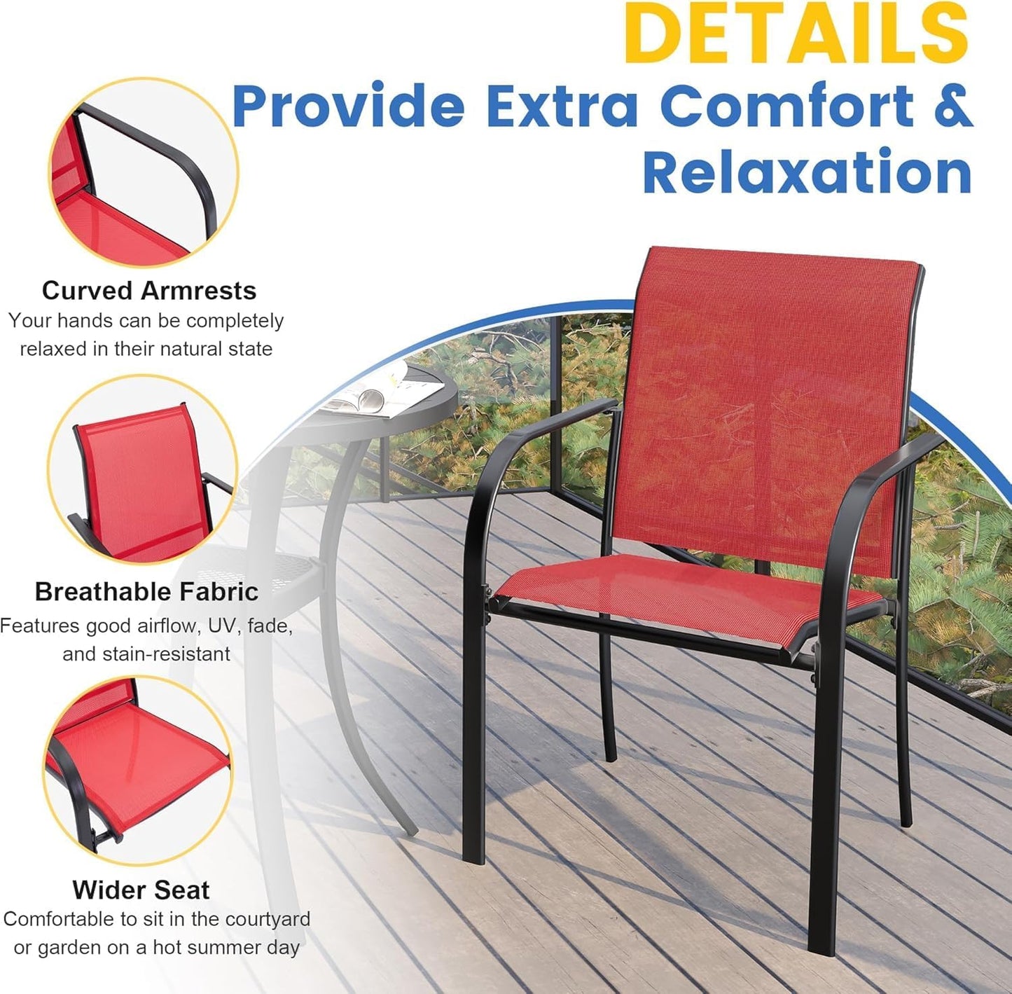VICLLAX Patio Dining Set for 6, Outdoor Furniture Set Includes 59" Rectangle Patio Table and 6 Patio Sling Chairs, Outdoor Table and Chairs for Outsides, Black Tabletop and Red Fabric