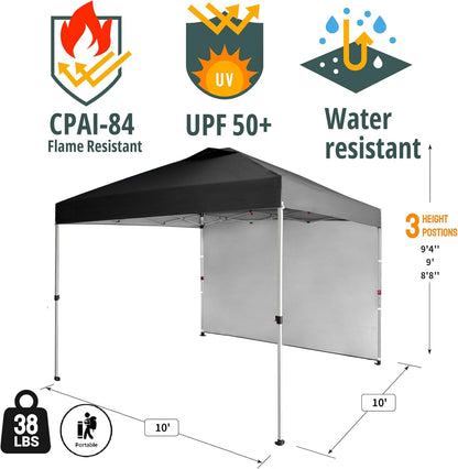CROWN SHADES 10x10 Pop Up Canopy with 1 Side Wall - Beach Tent with One Push Setup - Outdoor Sun Shade for Events, Parties, Camping - Gazebo with STO-N-Go Cover Bag (Black)