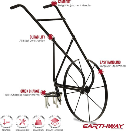 EarthWay 6500 High Wheel Tubular High Wheel Cultivator with Comfort Handle with 3- Position Adjustable, Quick Change Implements, and 24 Inch Steel Wheel
