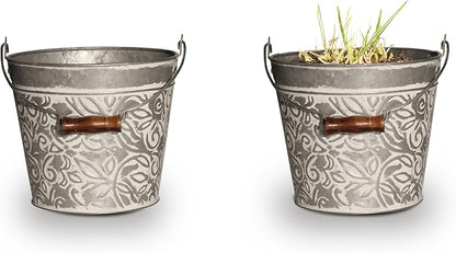 Headwind Vintage Collection - Floral Galvanized Planter with Handles – 12 Inch Flower Pots Decorative Plant Indoor – Plant Pots Indoor with Drainage by Robert Allen