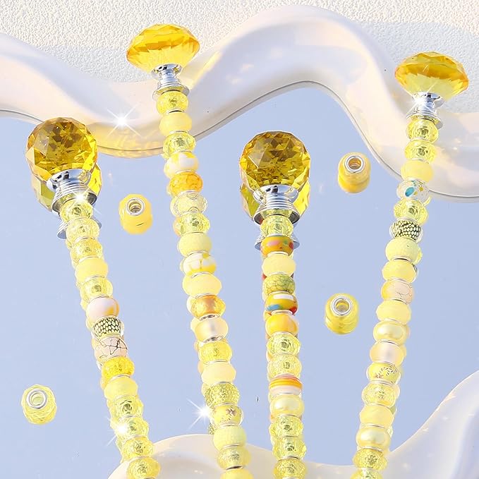 119 Pcs Garden Stake DIY Fairy Wand Plant Stake with Yellow Large Hole Beads Crystal Diamond Stopper Top 4 Stainless Steel Threaded Rod Beaded Garden Stakes for Outdoor Indoor Yard Patio Decorations
