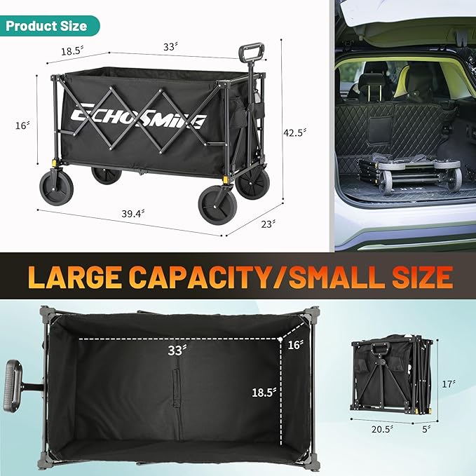 EchoSmile Collapsible Foldable Wagon Cart with 350lbs Weight Capacity, Heavy Duty Folding Utility Sport Wagon with Removeble Wheels for Camping,Grocery,Garden,Beach,Black