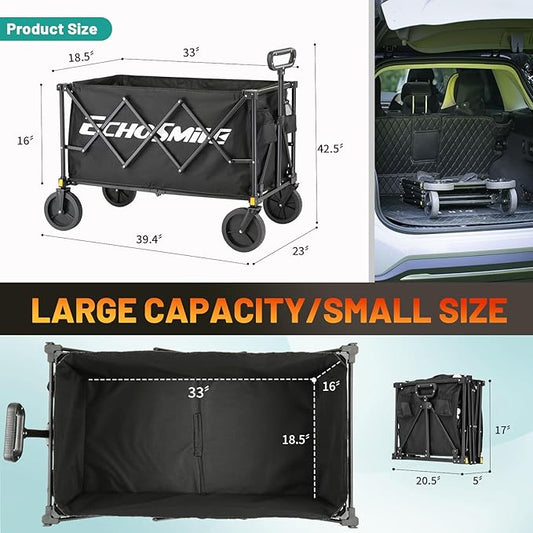 EchoSmile Collapsible Foldable Wagon Cart with 350lbs Weight Capacity, Heavy Duty Folding Utility Sport Wagon with Removeble Wheels for Camping,Grocery,Garden,Beach,Black