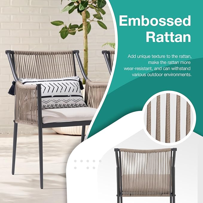 Patiorama 5-Piece Patio Dining Set, Outdoor Dining Table Chair Set, All-Weather Embossed Rattan Wicker Rope Conversation Set, Patio Furniture Set w/Umbrella Hole, 4 Cushioned Chairs&Glass Table(Beige)