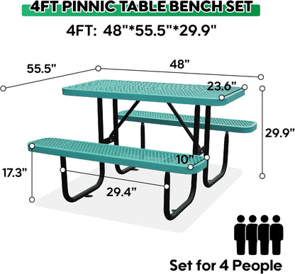 4FT Metal Picnic Tables for Outdoors, Commercial Rectangular Picnic Table and Bench Set for Outside, Patio, Garden, Backyard, Porch, Surface Mount, Green