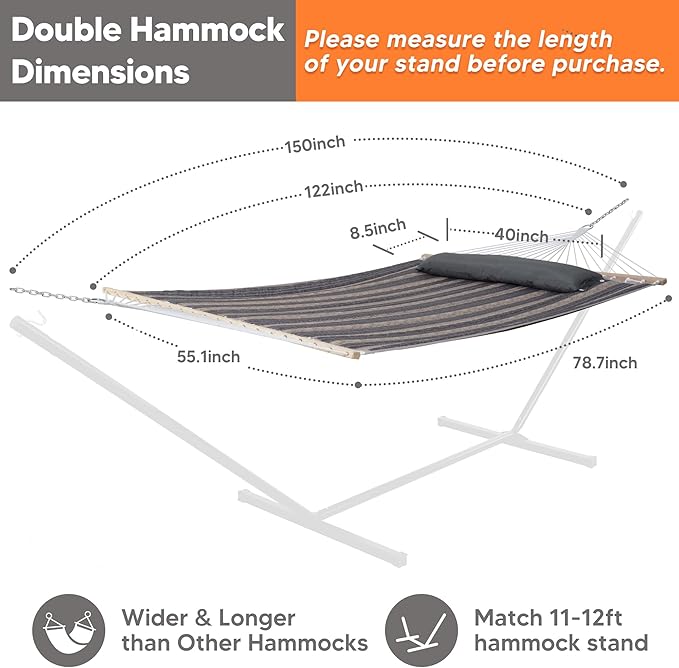 SUNCREAT Double Quilted Hammock with Hardwood Spreader Bar, Extra Large Soft Pillow, Heavy Duty 2 Person Hammock for Indoor, Outdoor, Gray Stripes