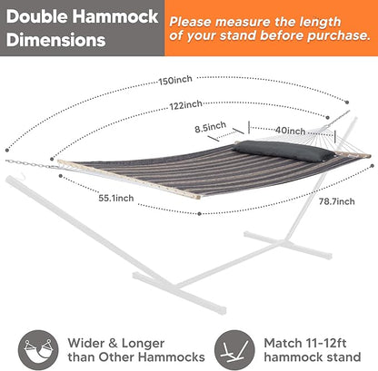 SUNCREAT Double Quilted Hammock with Hardwood Spreader Bar, Extra Large Soft Pillow, Heavy Duty 2 Person Hammock for Indoor, Outdoor, Gray Stripes