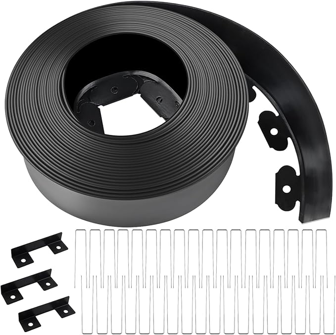 Kalolary Landscape Edging, 40FT x 4 Inch Tall Plastic Garden Lawn Edging Border with 36 U Spikes, 3 Connector for Landscaping Garden, Flower Beds (Black)