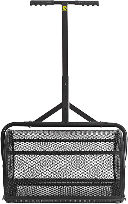 Compost Spreader, 24" Peat Moss Spreader, Roller Lawn Spreader with 3 Heights T Shaped Handle, Side Latches Powder Coated Steel Mesh Basket, Lawn & Garden Spreader for Spreading Manure Topsoil Black