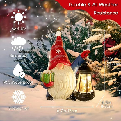 Solar Christmas Santa Hat Gnome Outdoor Statue with LED Lantern - Winter Xmas Holiday Porch Yard Home Decor Gardening Gift