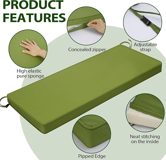 Outdoor Bench Cushion 48 x 16 x 3 Inch with Ties, Thick Waterproof Porch Swing Cushions for Patio Furniture Chair Pad, Seat Sofa Garden Replacement Cushion Sponge Filling