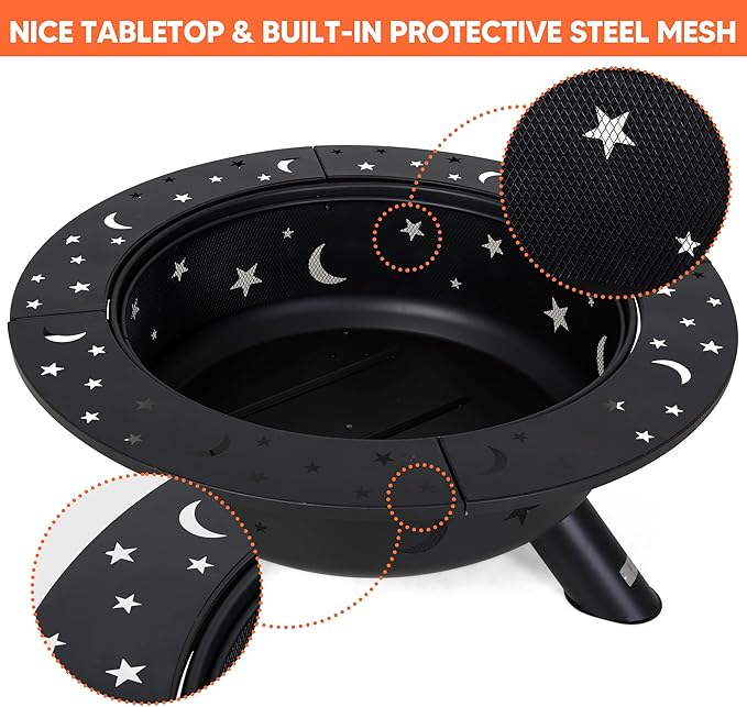 SUNCREAT 42" Extra Large Bonfire Fire Pit, Steel Round Fire Pit Table for Backyard, Garden, Outside, Star Pattern