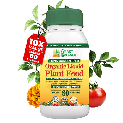 Organic Liquid Plant Food for Indoor Plants & Gardens, Natural NPK Fertilizer w/Beneficial Microbes, Rapid Results, Vegan, Best Value Super Concentrate, Smart Grower, Makes 80 Gallons (16 Fl Oz)