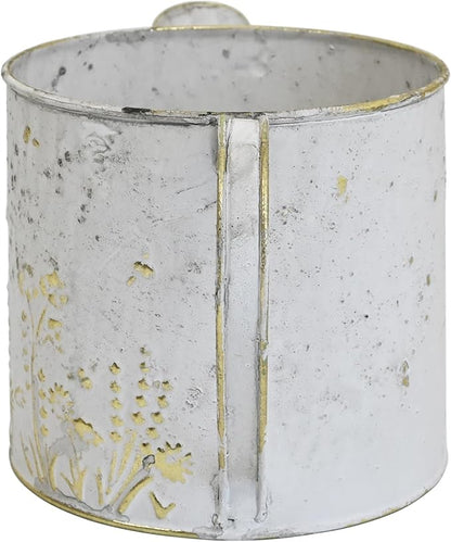 Vintage Metal Watering Can Planter with Embossed Floral - Distressed White Decorative Watering Pot for Indoor/Outdoor Flowers, Succulents & Herbs, Rustic Home Decor Accent