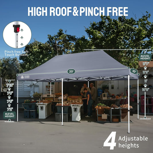 CROWN SHADES 10x20 Pop Up Canopy Tent - Commercial Canopy Tent with 400D Strength Oxford Fabric, Hexagonal Leg, 4 Upgraded Weights - Great for Trade Shows, Events,Parties & Commercial Use, Gray