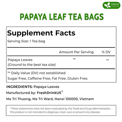 FreshDrinkUS, Premium 75 Papaya Leaf Tea Bags, 100% Natural & Pure from Papaya Leaves. Loose Leaf Papaya Herbal Tea. Made with Natural Material Tea Bags. No Sugar, No Caffeine, No Gluten, Vegan.