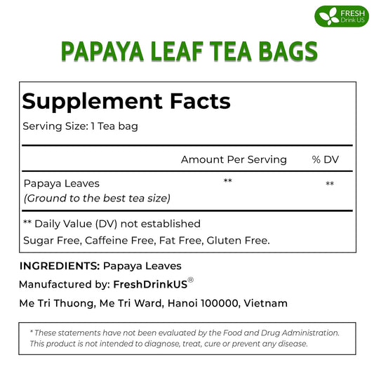 FreshDrinkUS, Premium 75 Papaya Leaf Tea Bags, 100% Natural & Pure from Papaya Leaves. Loose Leaf Papaya Herbal Tea. Made with Natural Material Tea Bags. No Sugar, No Caffeine, No Gluten, Vegan.