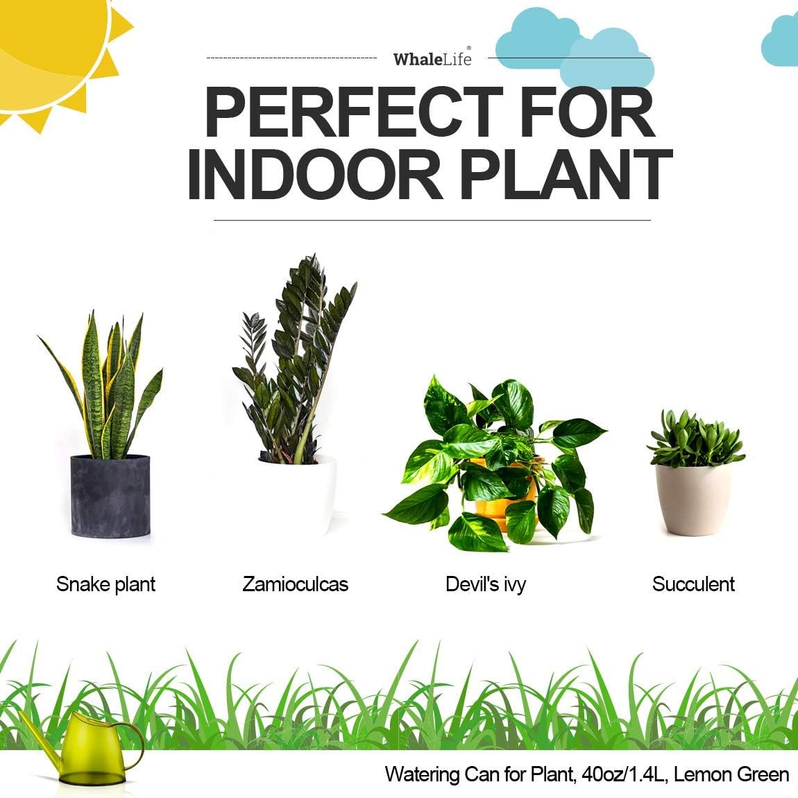 WhaleLife Indoor Watering Can for House Bonsai Plants (1.4L, Green Lemon)