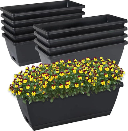 Window Box Planter, 10 Pack Plastic Vegetable Flower Planters Boxes 17 Inches Rectangular Flower Pots with Saucers for Indoor Outdoor Garden, Patio, Home Decor (Black)