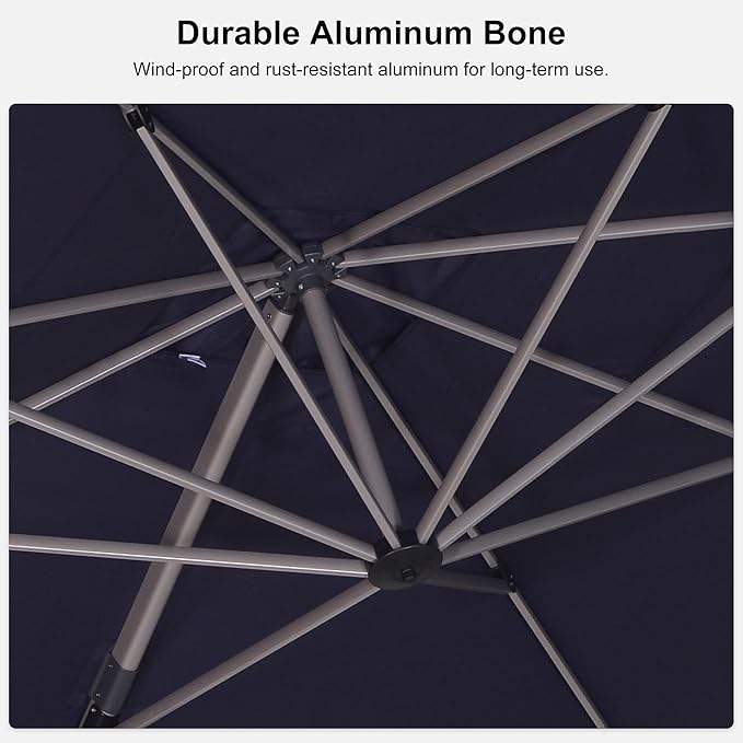 PURPLE LEAF 10' X 13' Patio Umbrella, Rectangle Outdoor Cantilever Umbrella, Aluminum Offset Umbrella with Champagne Frame and 360° Rotation for Pool Deck Garden, Navy Blue