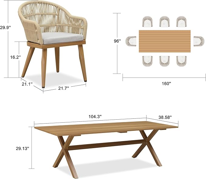 PURPLE LEAF 9 Piece Longer Patio Dining Set with Outdoor Aluminium Dining Table and Woven Chairs Modern Metal Furniture Cushions Sets for Garden Yard Indoor Decor Kitchen Teak