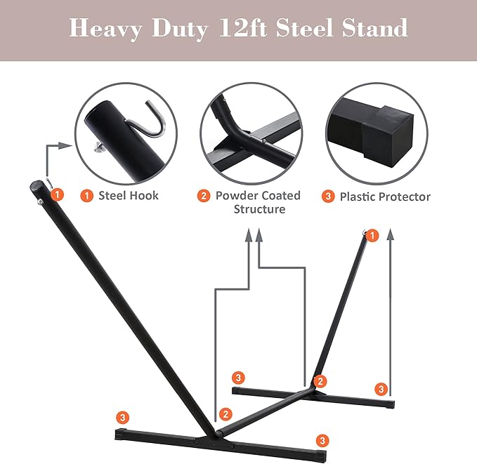 SUNCREAT 55 Inch Large Double Hammock with Stand, 450lbs Capacity, Outdoor Portable Hammock with Curved Spreader Bar, Extra Large Pillow, Tan