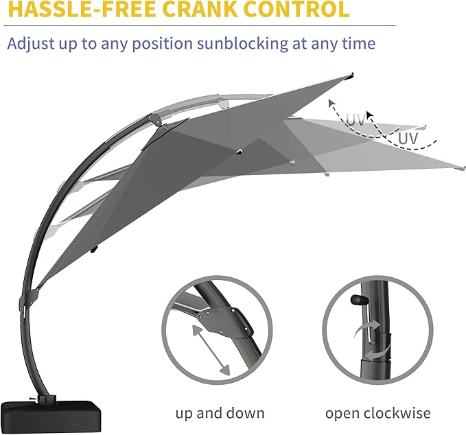 Kingdura 11ft Cantilever Patio Umbrella with Base Included, Large Round Offset Outdoor Pool Umbrella, 360° Rotation & Infinite Tilt, Heavy Duty Aluminum Frame for Deck Backyard, Grey