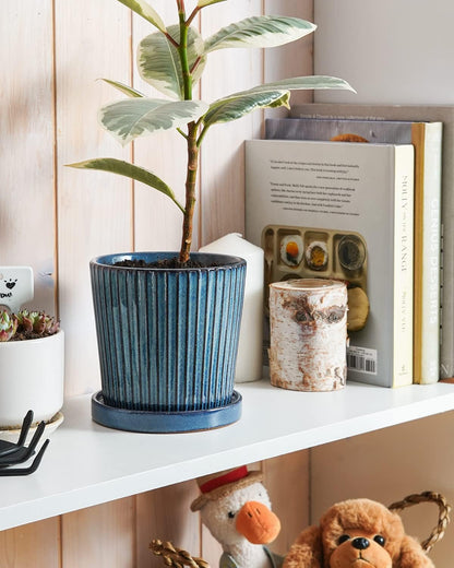 LE TAUCI Ceramic Pots for Plants, 5.5 Inch Plant Pots with Drainage Hole and Saucer, Indoor Plant Pots for Succulent, Snake Plants and Cactus, Flower Pots, Set of 2, Reactive Glaze Blue