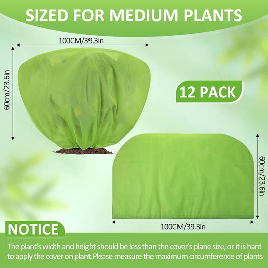 12 Pcs Winter Plant Covers Freeze Protection 39.4x23.6 Inch Horizontal Shrub Tree Rose Plant Protection Bags Frost Blanket with Drawstring for Fall Winter Outdoor Garden Planting (Green)