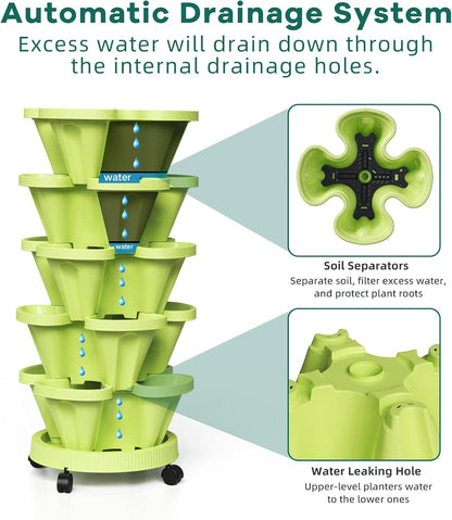 Strawberry Stacking Planters, Vertical Garden Tower, 5 Tiered Stackable Herb Vegetable Planters with Movable Casters and Bottom Saucer Indoor and Outdoor - Green