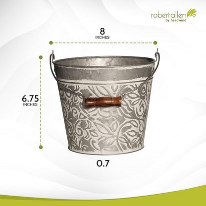 Headwind Vintage Collection - Floral Galvanazied White Wash Planter with Handles – 8 Inch Medium Flower Pots Decorative Plant Indoor – Plant Pots Indoor with Drainage by Robert Allen