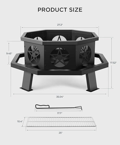 35 inch Fire Pit, Outdoor Fire Pit Wood Burning Fire Pits with Cooking Grill, Large Firepits for Outside Octagonal Heavy Duty Firepit with Poker for Bonfire, Backyard, Patio, Picnic, Camping