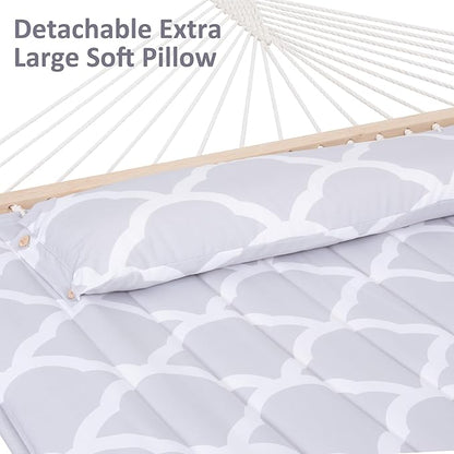 SUNCREAT Double Hammock, Extra Large Quilted Fabric Swing with Hardwood Spreader Bars & Detachable Pillow, Heavy Duty, Perfect for Indoor/Outdoor Patio, Deck, Yard, Gray Cloud