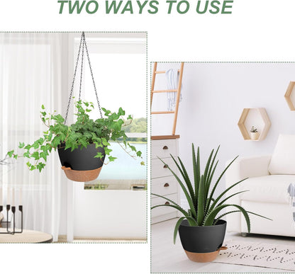 Hanging Planters for Indoor Outdoor Plants, 1 Set Self Watering Hanging Pot with Drainage Holes & Removable Tray (Black-12inch, 12'')