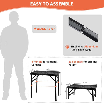 Camping Table with Mesh Desktop, Lightweight & Portable Small Folding Grill Table, Height Adjustable Metal Outdoor Table for Camp, Cooking, BBQ, RV, Picnic-2 FT Black