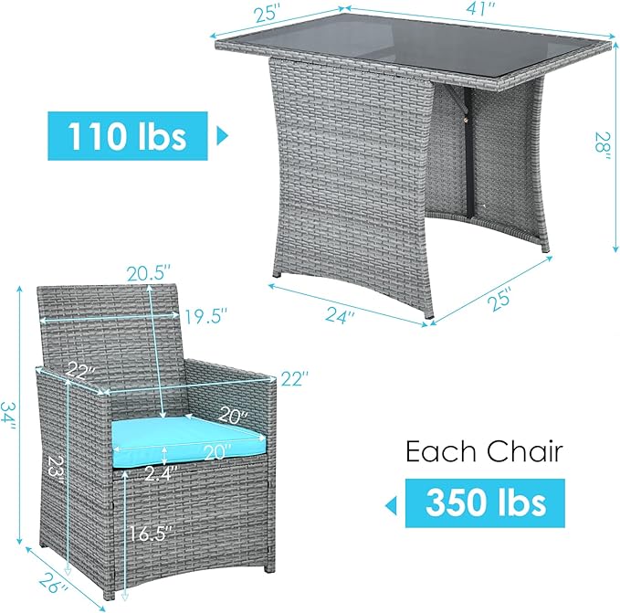 HAPPYGRILL 3-Pieces Outdoor Wicker Bistro Set Space-Saving PE Rattan Dining Table Set with Cushioned Chairs, Patio Conversation Set for Backyard Porch Garden and Poolside