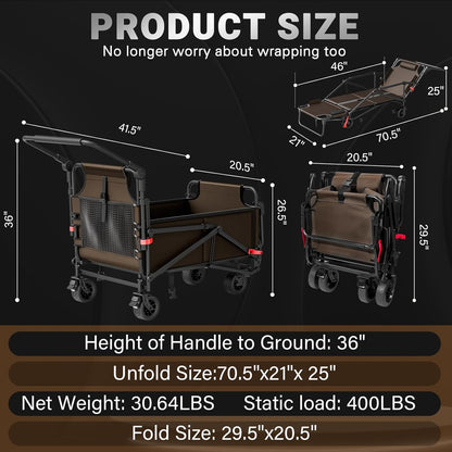 LEVELEVE Heavy Duty Folding Wagon - 2-in-1 Collapsible Cart, 400lb Capacity, All-Terrain Wheels w/Brakes & Side Pockets (Brown)