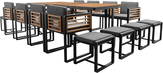 Merax 18 Pieces Outdoor Dining Set for 16 People, Acacia Wood Patio Furniture Sets with 2 Square Tables, 8 Cushioned Chairs and 8 Ottomans for Backyard, Garden, Lawn, Poolside, Gray