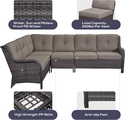 Outdoor Furniture Sectional Sofa L Shaped Couch - Patio Wicker Set with Coffee Table, 3 Piece Rattan Patio Conversation Sets with Gray Cushion for Deck Backyard Sunroom