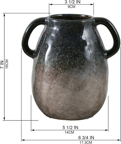 Blue Gradient Ceramic Vase with 2 Handles, Modern Farmhouse Decor, Rustic Terracotta Pottery, Decorative Clay Flower Vase, Centerpiece for Dining Table - 7 Inch