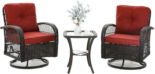 3 Pieces Patio Furniture Set, Outdoor Swivel Glider Rocker, Wicker Patio Bistro Set with Rocking Chair, Thickened Cushions and Table for Porch (Red)