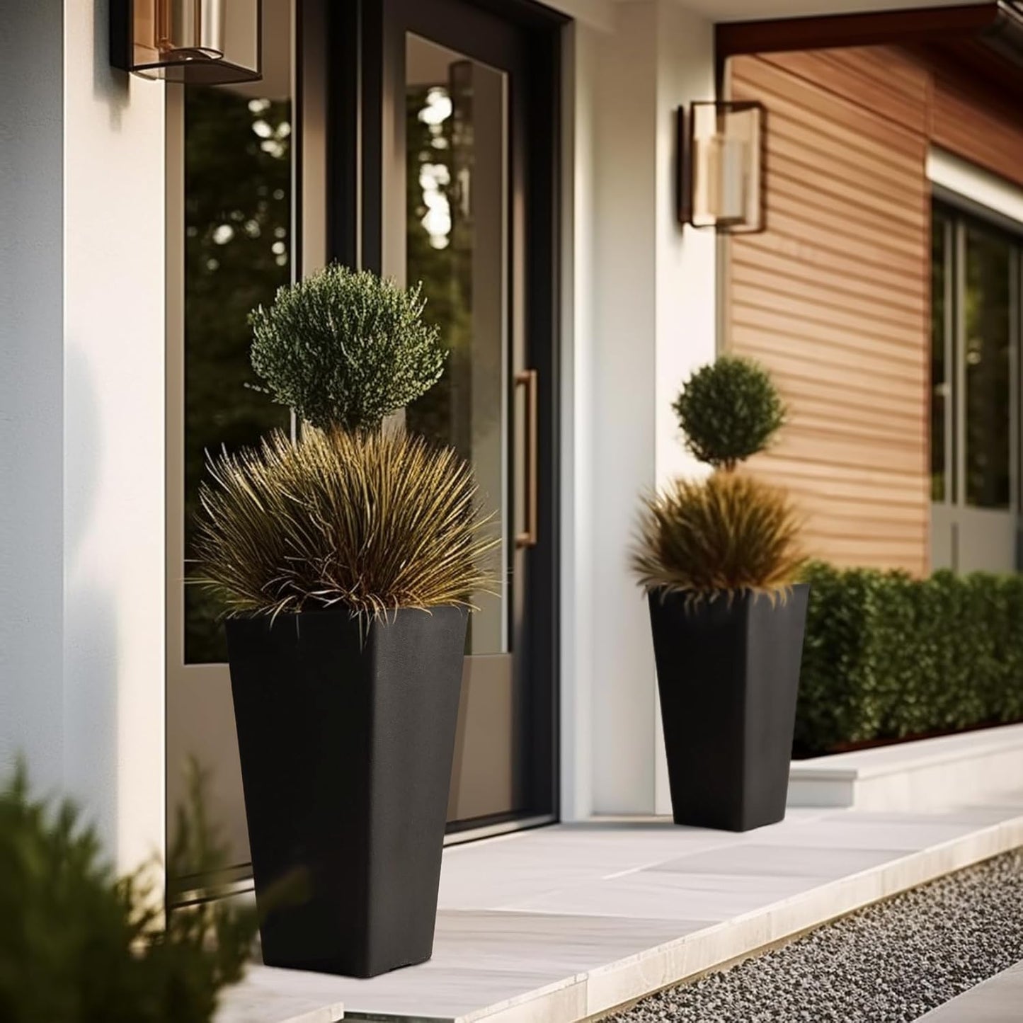 LA JOLIE MUSE 26 inch Tall Black Planters for Outdoor Plants,Set of 2 Tapered Planters with Trays,V-Shape Rectangular Garden Planters for Front Door, Patio and Deck